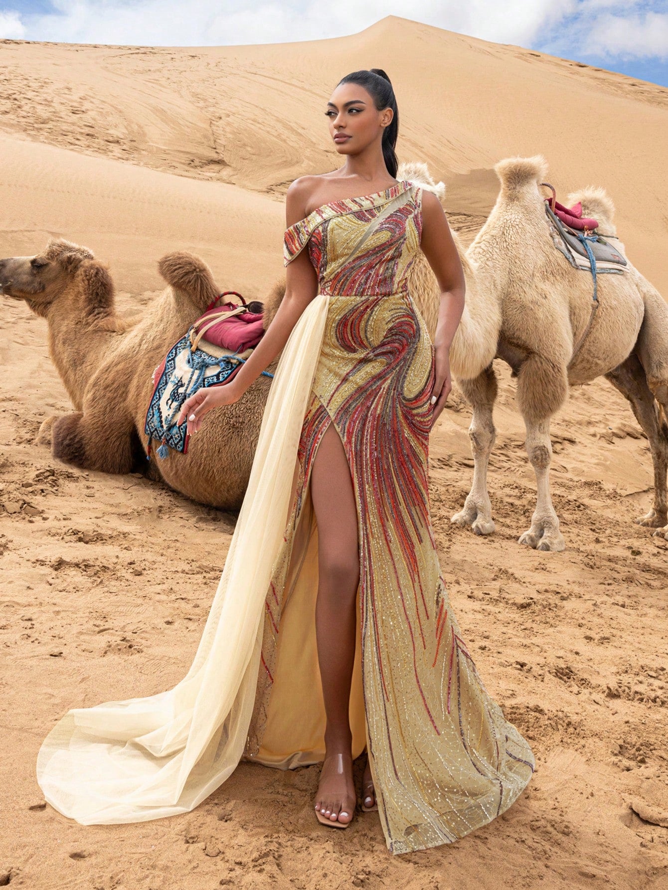 Gorgeous Sloping Shoulder Tulle Draped Side Graphic Beaded Formal Dresses & Evening Gowns