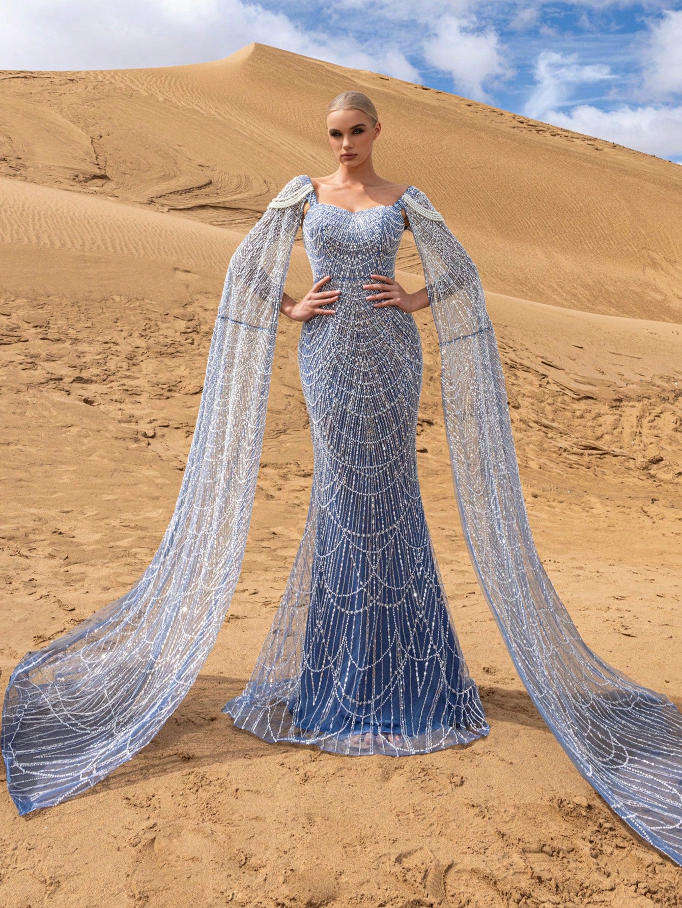 Gorgeous Extra Long Sleeves Lace Up Backless Mermaid Hem Beaded Formal Dresses & Evening Gowns