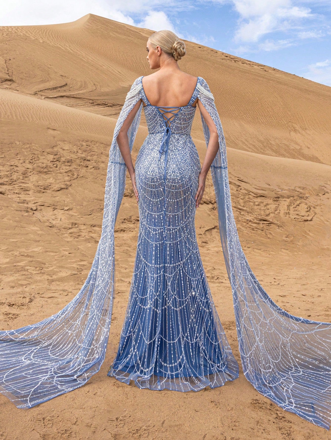 Gorgeous Extra Long Sleeves Lace Up Backless Mermaid Hem Beaded Formal Dresses & Evening Gowns