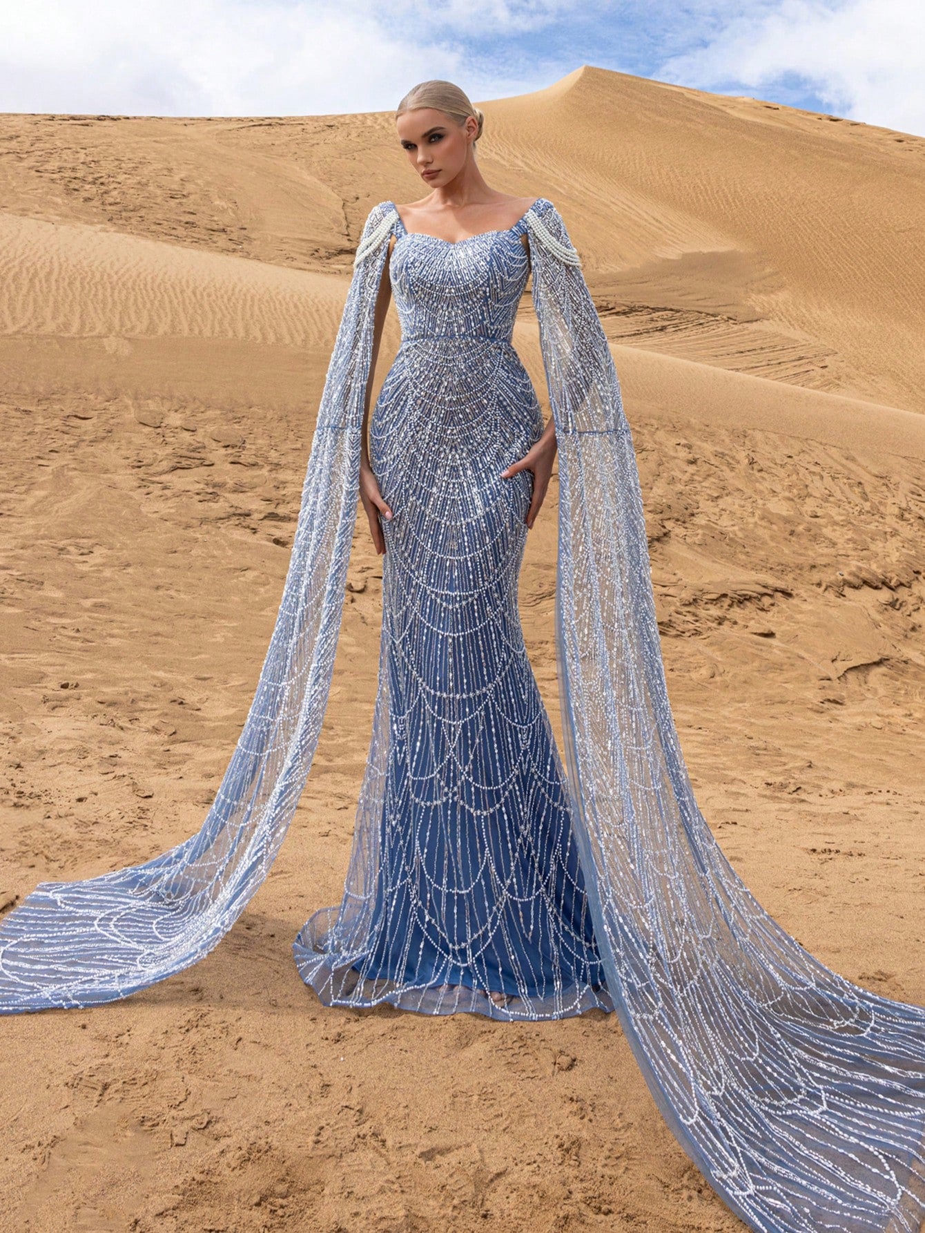 Gorgeous Extra Long Sleeves Lace Up Backless Mermaid Hem Beaded Formal Dresses & Evening Gowns