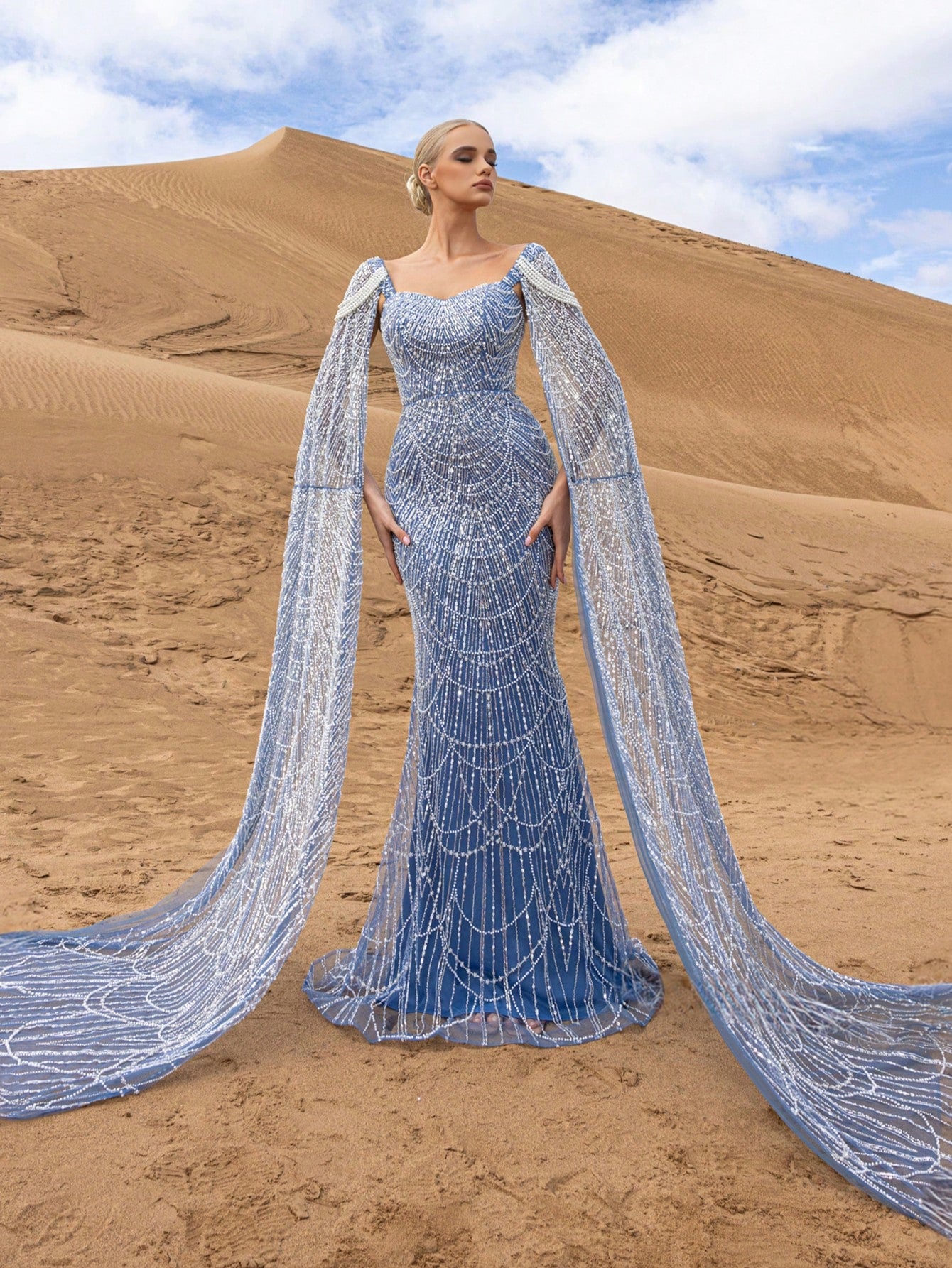 Gorgeous Extra Long Sleeves Lace Up Backless Mermaid Hem Beaded Formal Dresses & Evening Gowns
