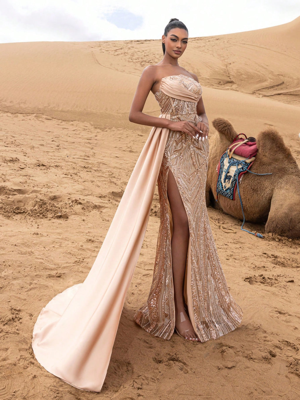 Gorgeous Strapless Mermaid Hem Draped Side Graphic Beaded Formal Dresses & Evening Gowns