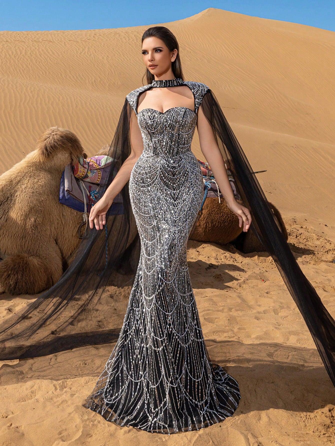 Choker Neck Backless Extra-Long Sleeves Beaded Formal Dresses & Evening Gowns Dress & Embellished Dress