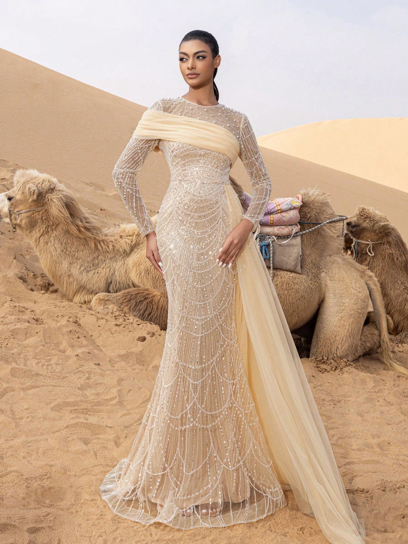 Luxury Tulle Overlay Mermaid Hem Beaded Detail Formal Evening Dress