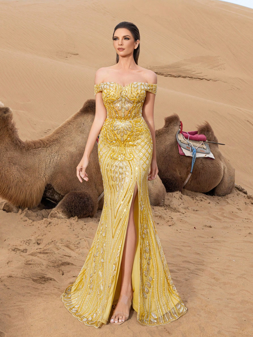 Gorgeous Off Shoulder Split Mermaid Hem Graphic Beaded Formal Dresses & Evening Gowns