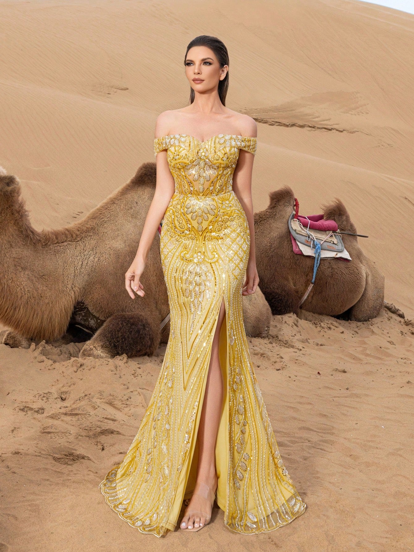 Gorgeous Off Shoulder Split Mermaid Hem Graphic Beaded Formal Dresses & Evening Gowns