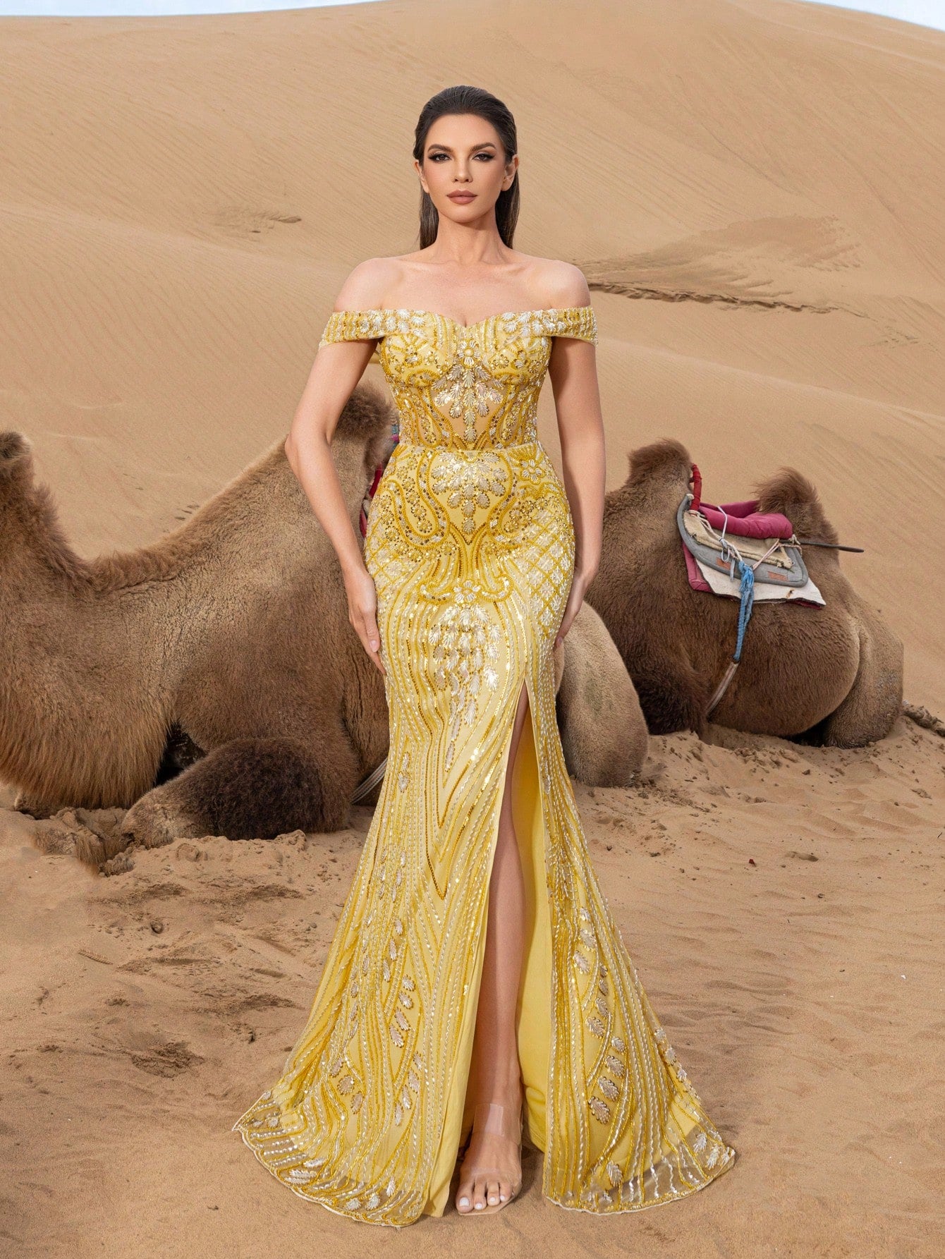 Gorgeous Off Shoulder Split Mermaid Hem Graphic Beaded Formal Dresses & Evening Gowns