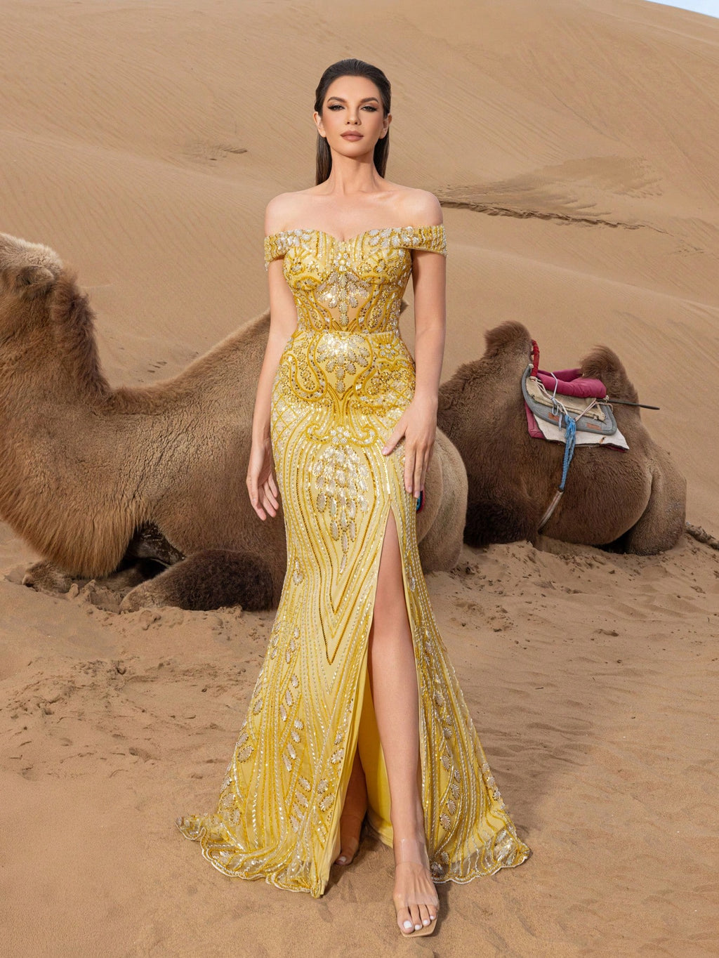 Gorgeous Off Shoulder Split Mermaid Hem Graphic Beaded Formal Dresses & Evening Gowns
