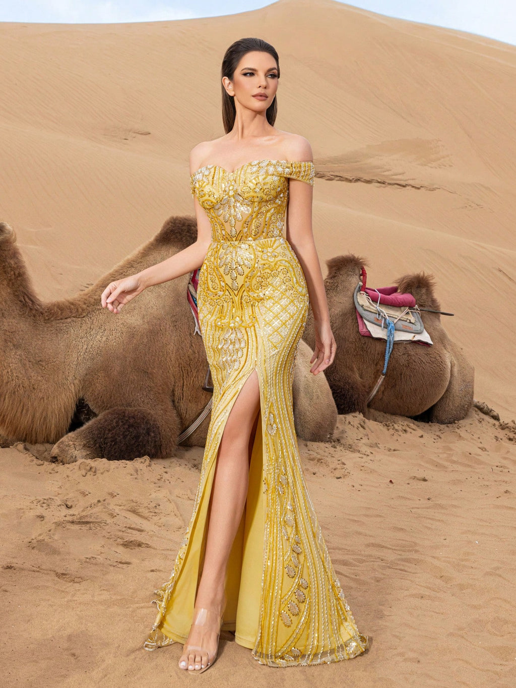 Gorgeous Off Shoulder Split Mermaid Hem Graphic Beaded Formal Dresses & Evening Gowns