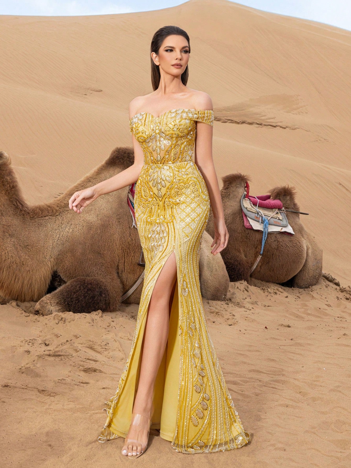 Gorgeous Off Shoulder Split Mermaid Hem Graphic Beaded Formal Dresses & Evening Gowns