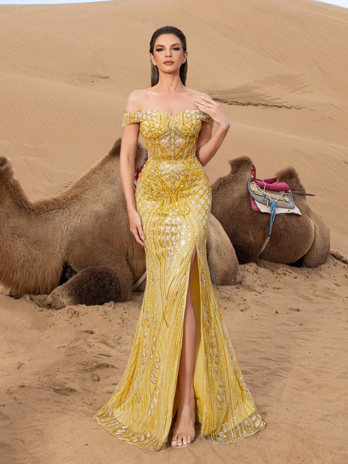 Gorgeous Off Shoulder Split Mermaid Hem Graphic Beaded Formal Dresses & Evening Gowns