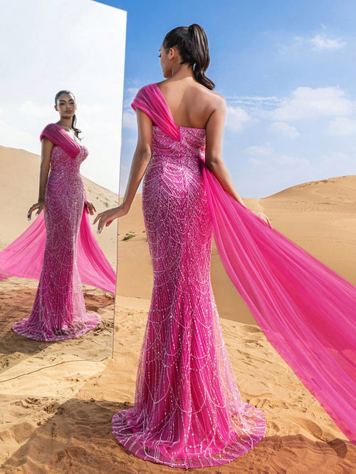 Asymmetrical One Shoulder Draped Side Sequin Prom Beaded Formal Dresses & Evening Gowns Dress & Embellished Dress
