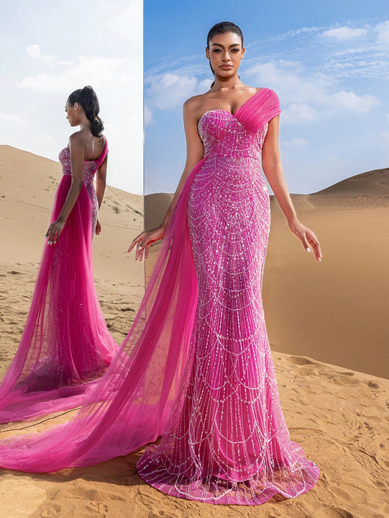 Asymmetrical One Shoulder Draped Side Sequin Prom Beaded Formal Dresses & Evening Gowns Dress & Embellished Dress