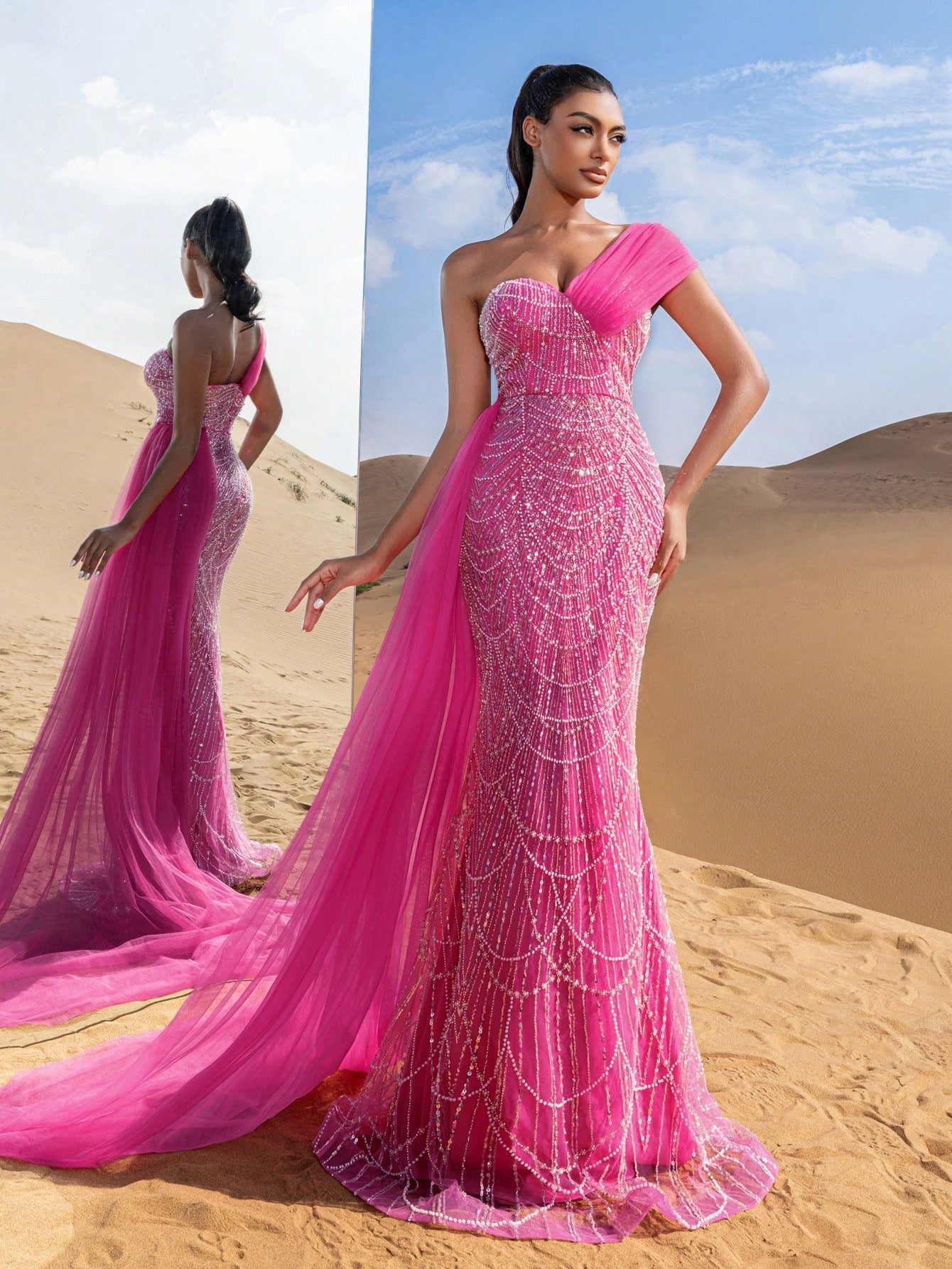 Asymmetrical One Shoulder Draped Side Sequin Prom Beaded Formal Dresses & Evening Gowns Dress & Embellished Dress