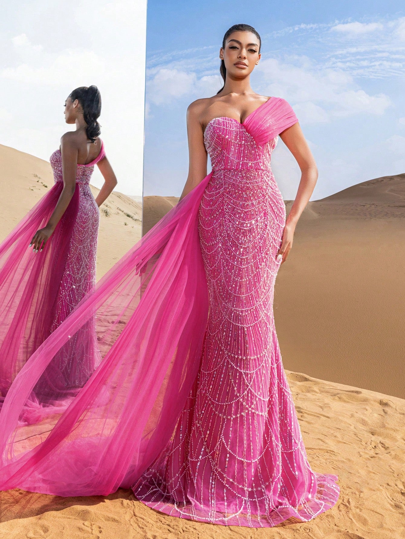 Asymmetrical One Shoulder Draped Side Sequin Prom Beaded Formal Dresses & Evening Gowns Dress & Embellished Dress