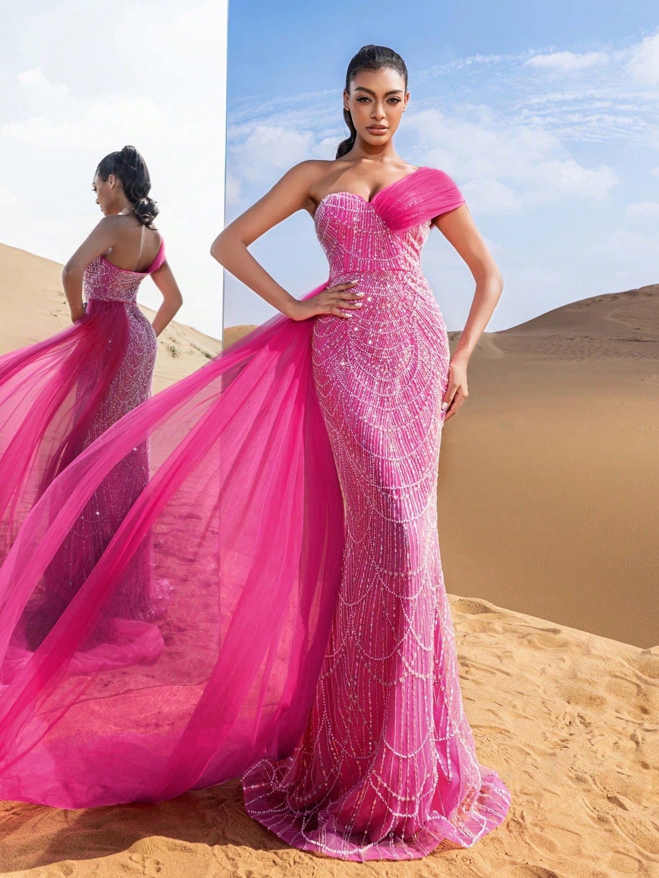 Asymmetrical One Shoulder Draped Side Sequin Prom Beaded Formal Dresses & Evening Gowns Dress & Embellished Dress
