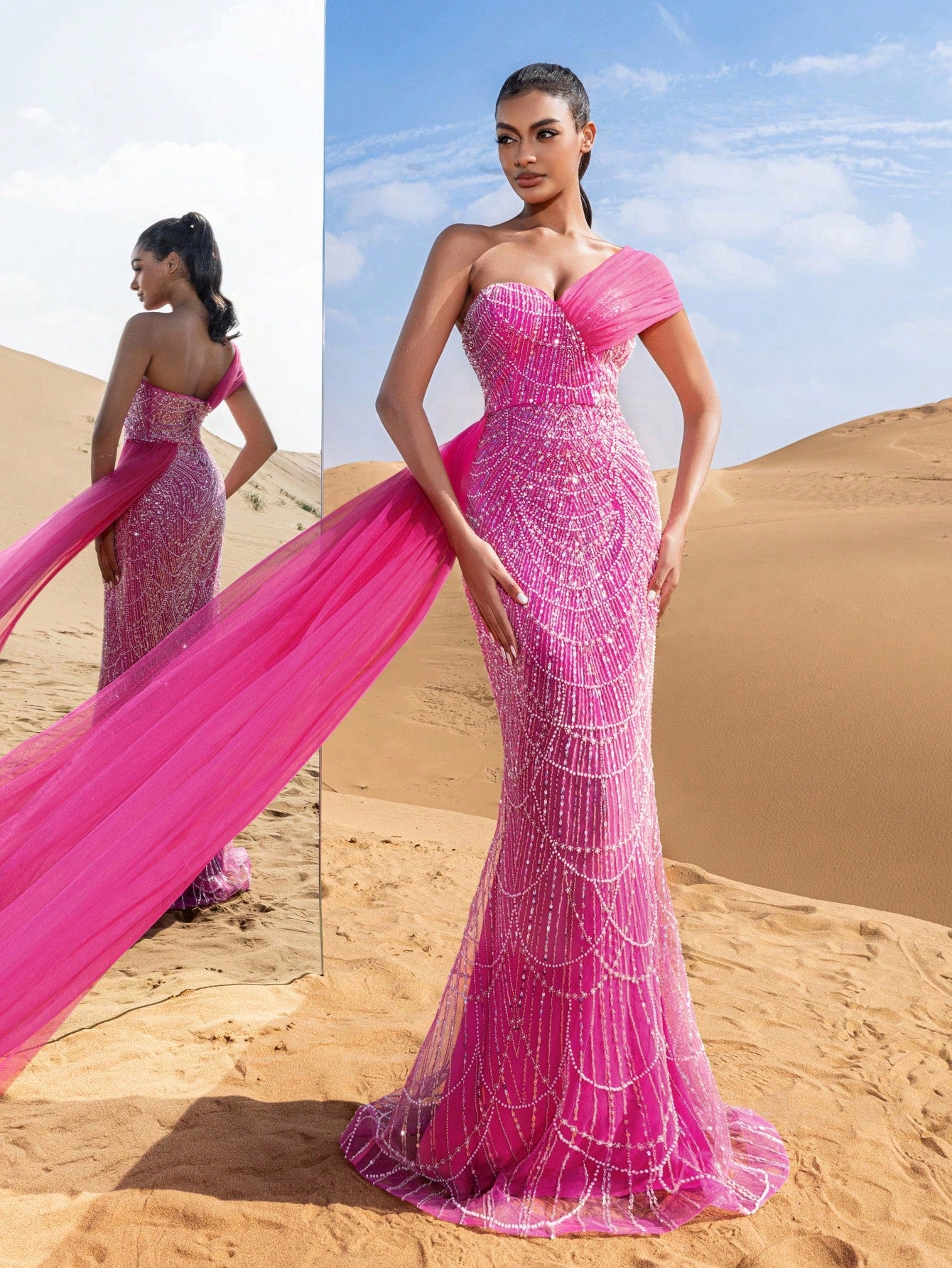 Asymmetrical One Shoulder Draped Side Sequin Prom Beaded Formal Dresses & Evening Gowns Dress & Embellished Dress