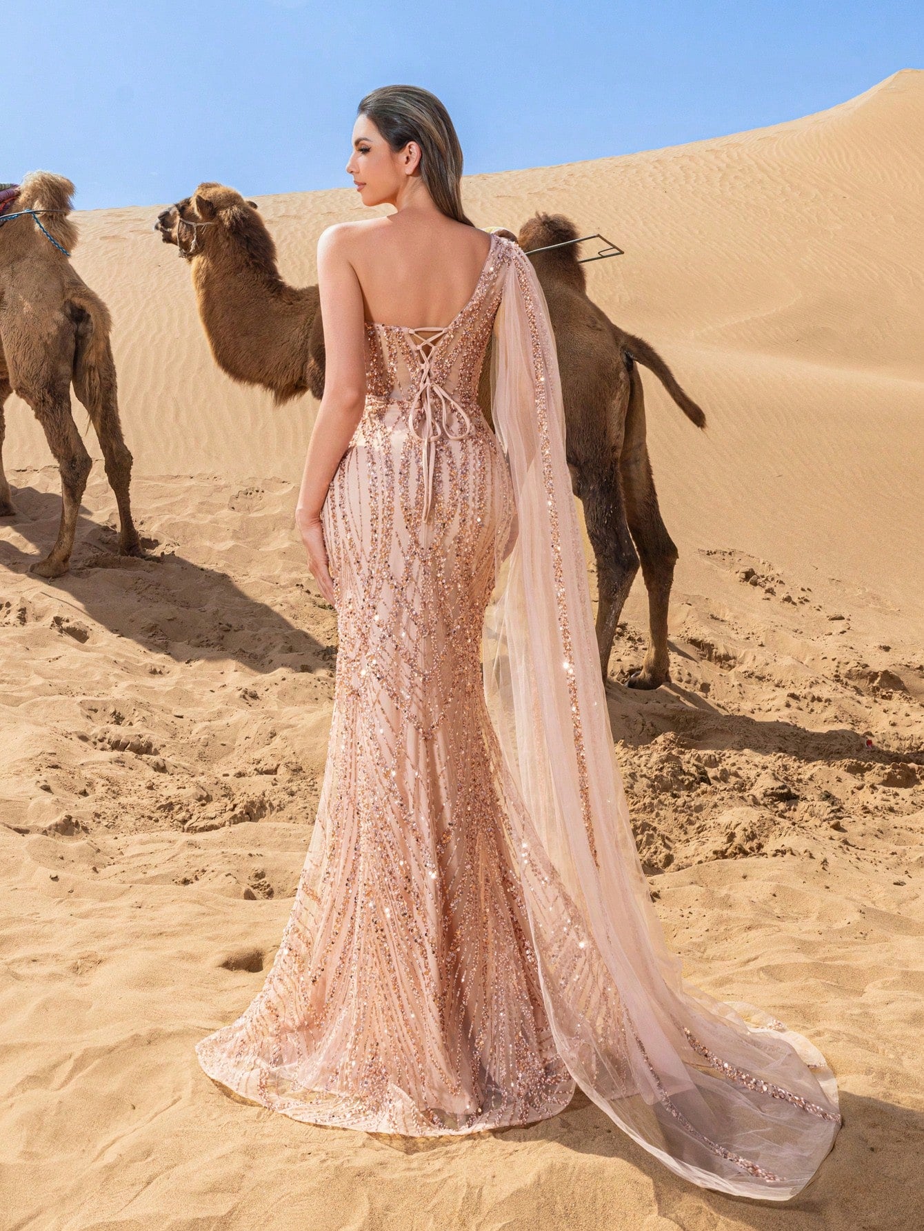 Gorgeous One Shoulder Draped Side Split Thigh Beaded Party Dress & Evening Gowns
