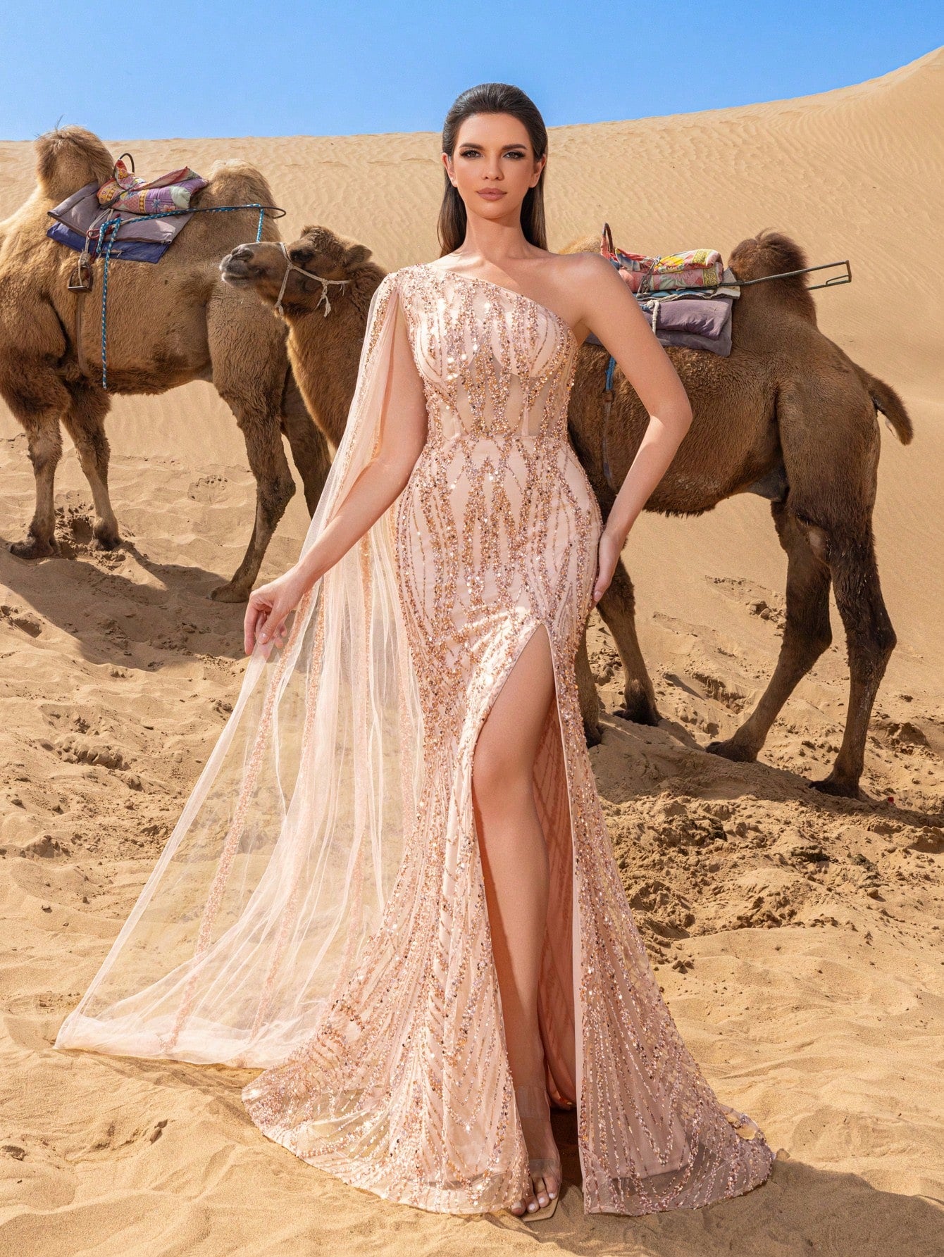 Gorgeous One Shoulder Draped Side Split Thigh Beaded Party Dress & Evening Gowns