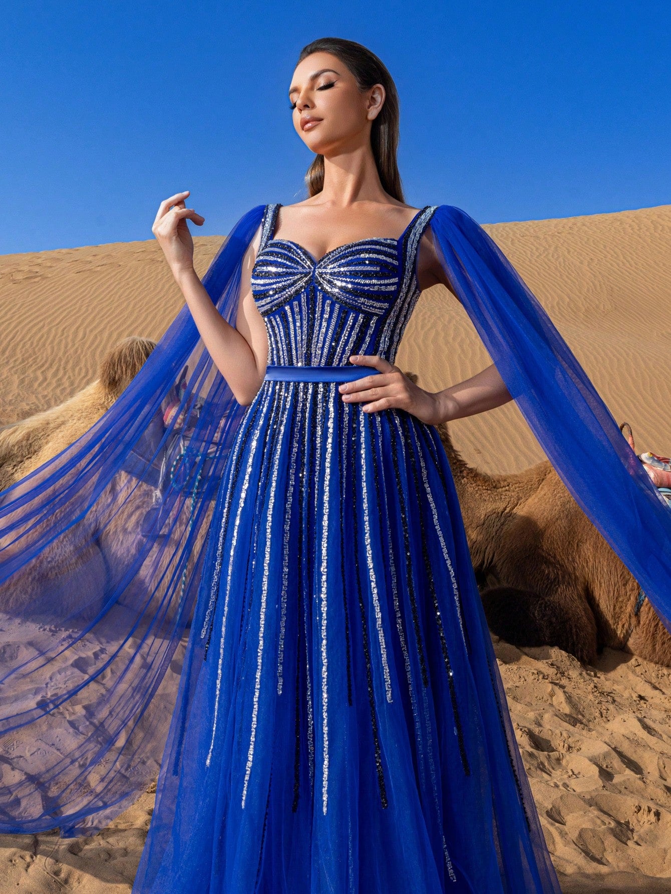 Gorgeous Sweethear Neck Cape Sleeves Lace-up Back Beaded Tulle Formal Dresses & Evening Gowns
