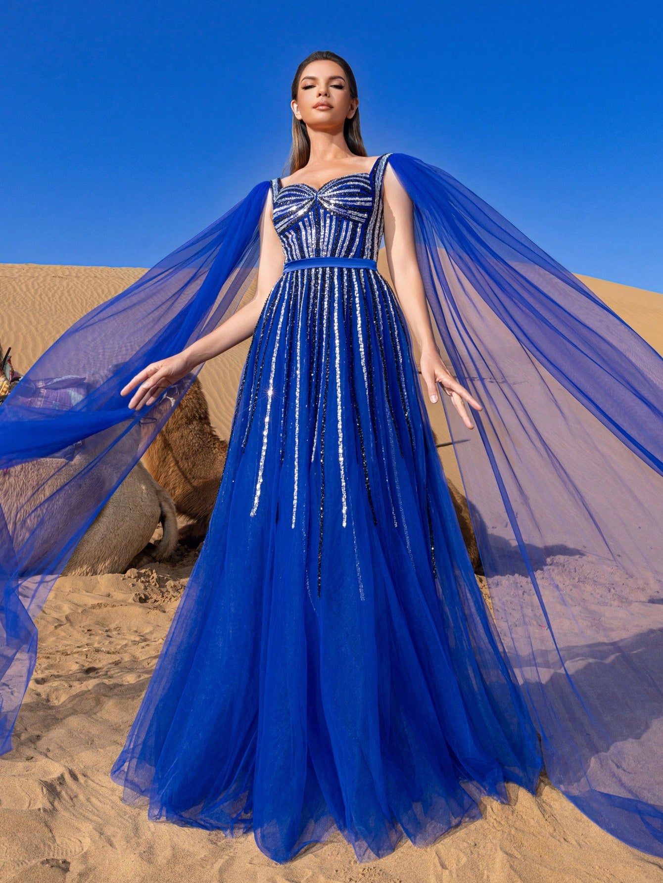 Gorgeous Sweethear Neck Cape Sleeves Lace-up Back Beaded Tulle Formal Dresses & Evening Gowns