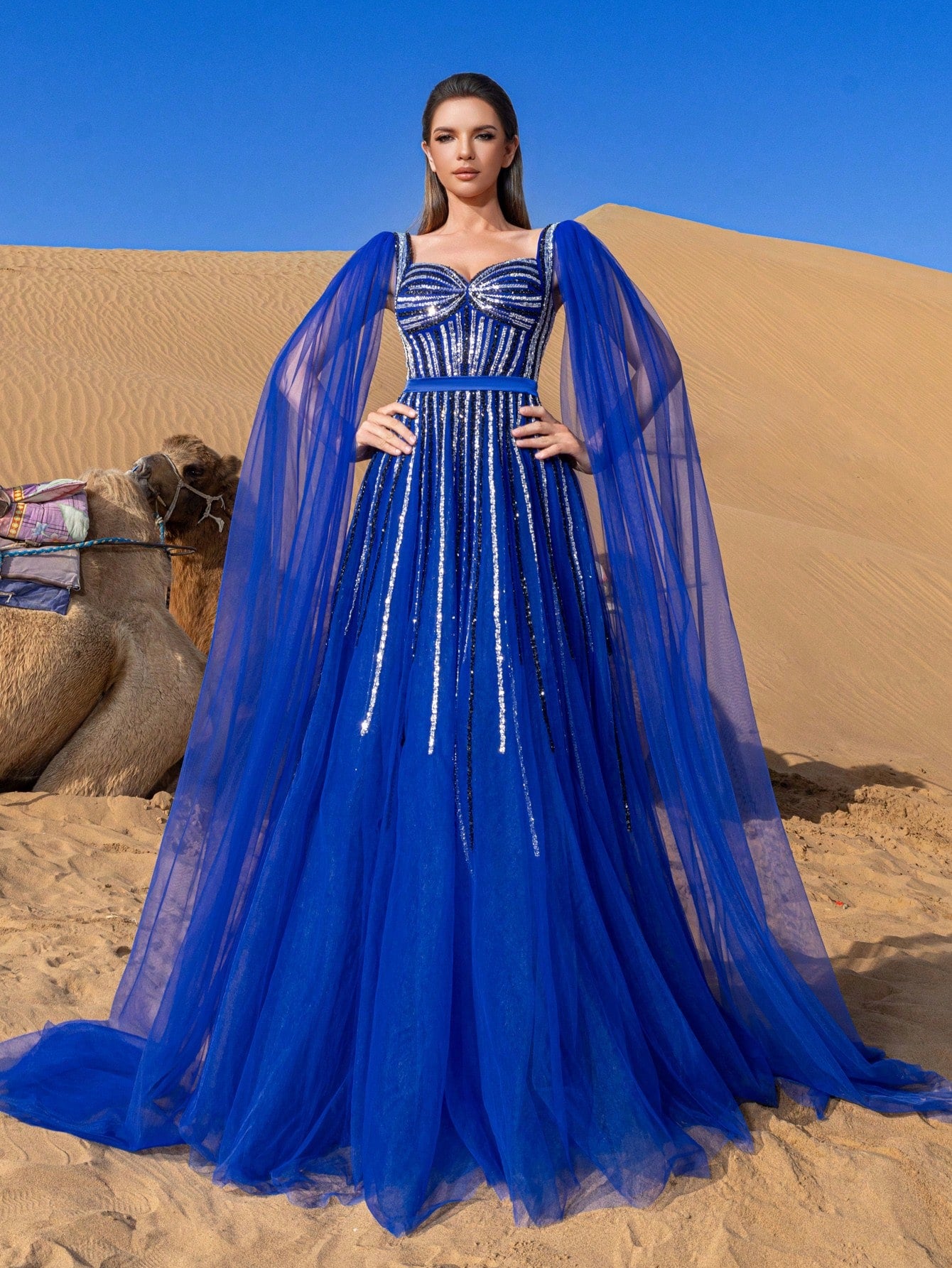 Gorgeous Sweethear Neck Cape Sleeves Lace-up Back Beaded Tulle Formal Dresses & Evening Gowns