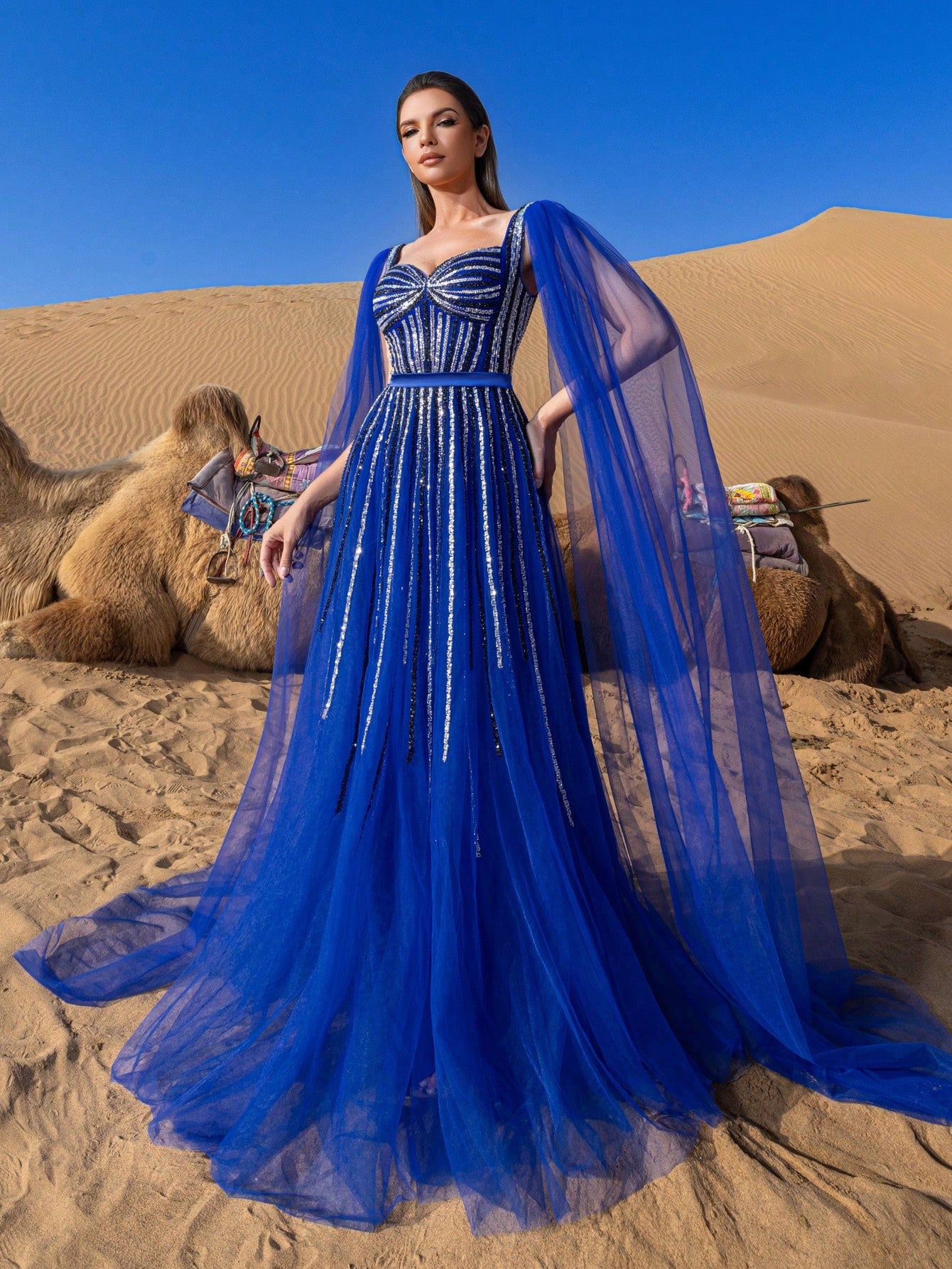 Gorgeous Sweethear Neck Cape Sleeves Lace-up Back Beaded Tulle Formal Dresses & Evening Gowns