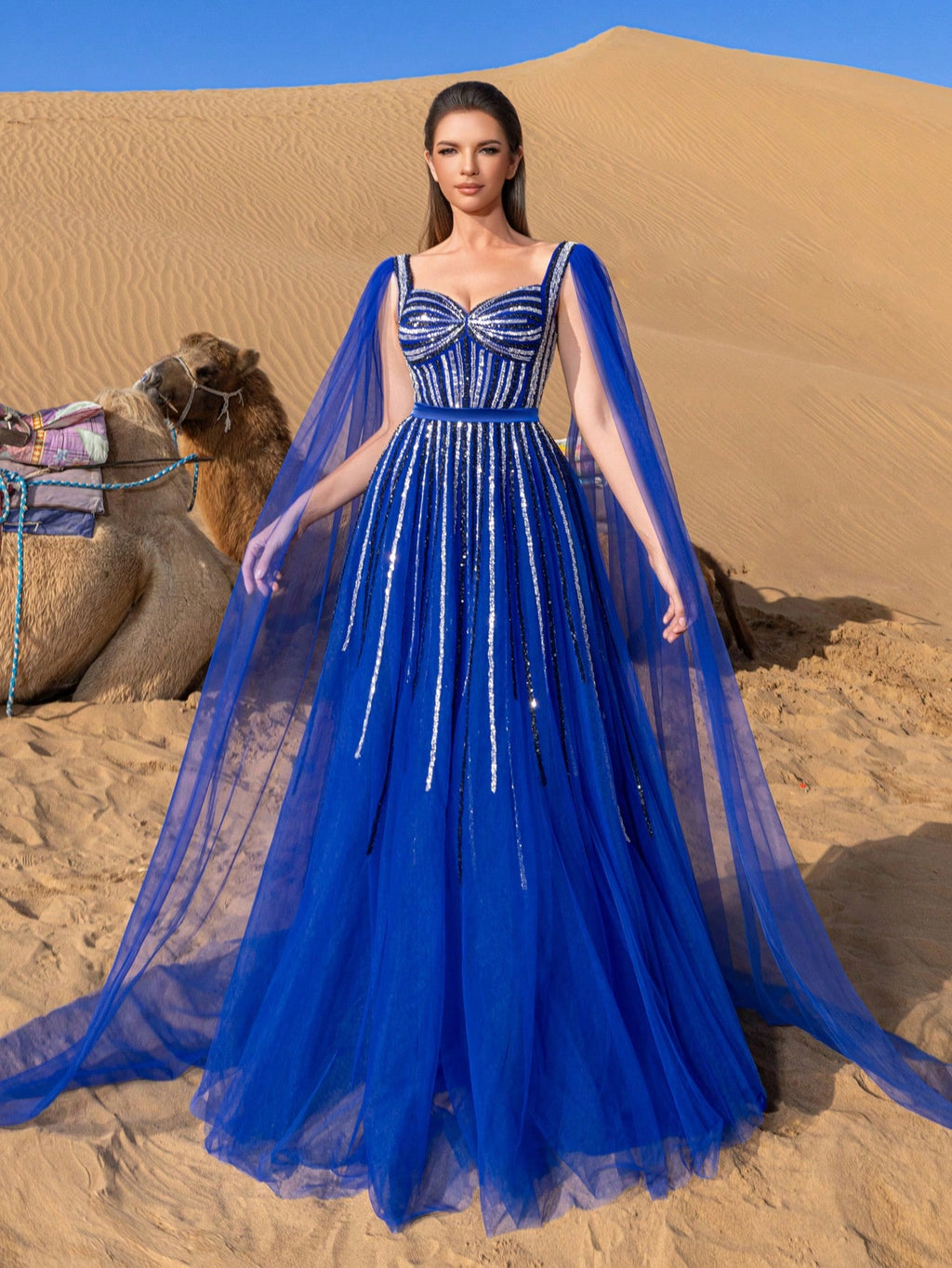 Gorgeous Sweethear Neck Cape Sleeves Lace-up Back Beaded Tulle Formal Dresses & Evening Gowns