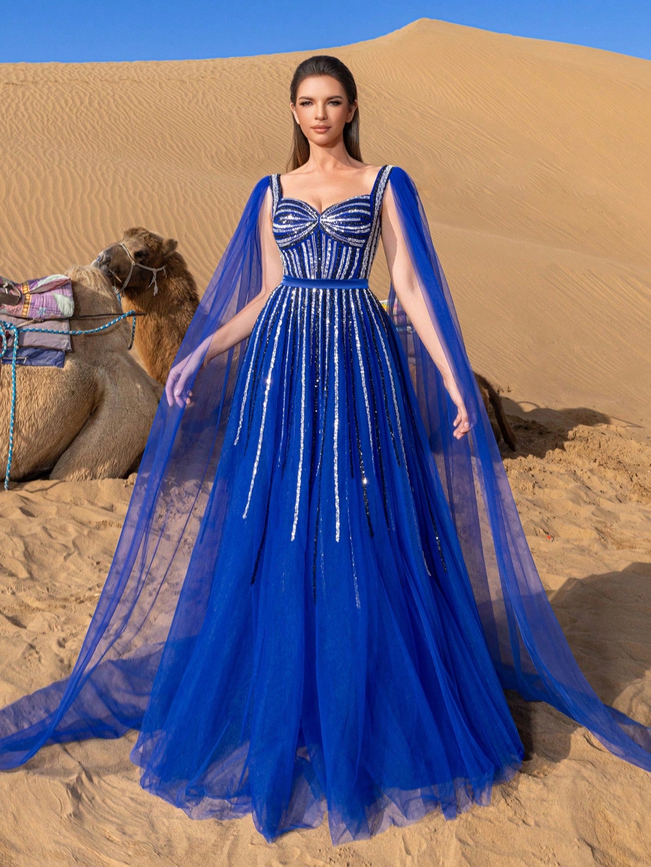Gorgeous Sweethear Neck Cape Sleeves Lace-up Back Beaded Tulle Formal Dresses & Evening Gowns