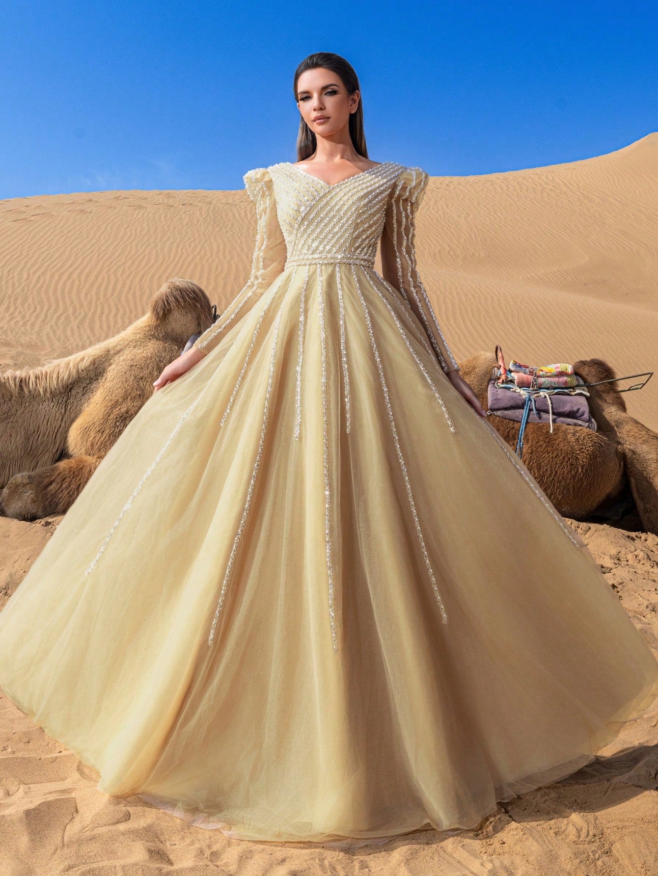 Gorgeous Long Sleeves Surplice Neck Lace Up Backless Beaded Formal Dresses & Evening Gowns