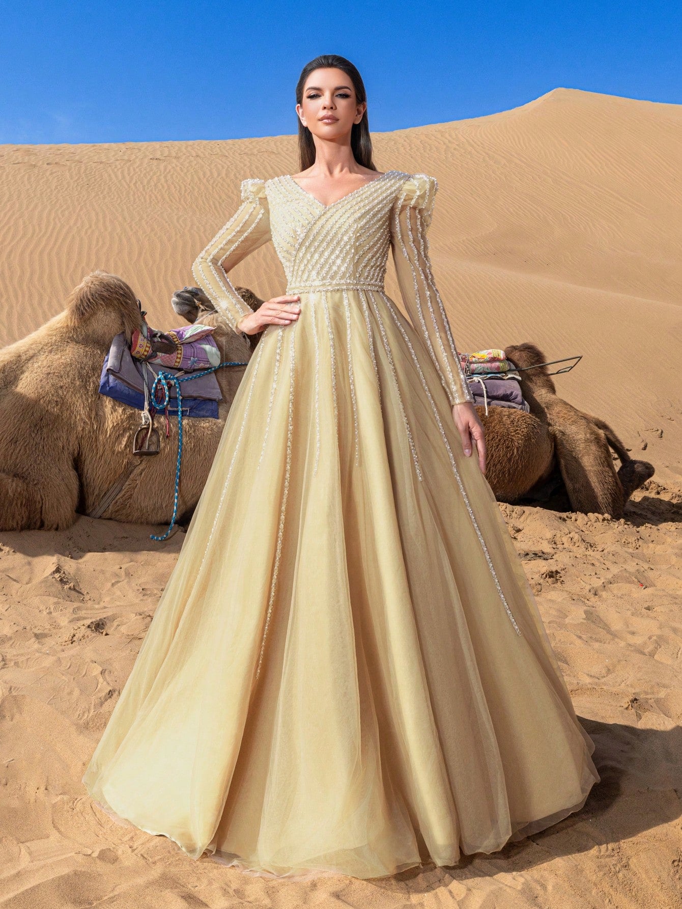 Gorgeous Long Sleeves Surplice Neck Lace Up Backless Beaded Formal Dresses & Evening Gowns