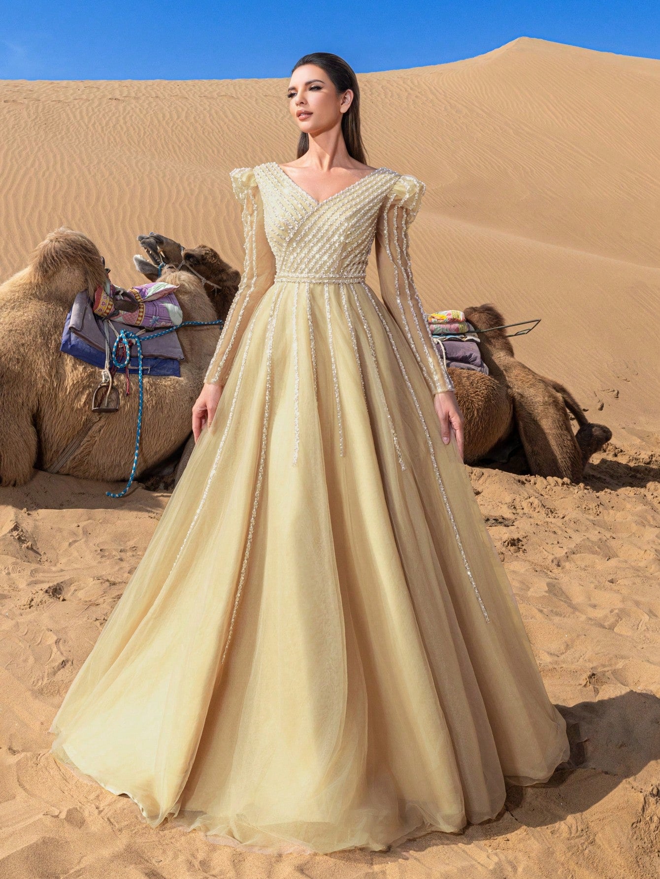 Gorgeous Long Sleeves Surplice Neck Lace Up Backless Beaded Formal Dresses & Evening Gowns