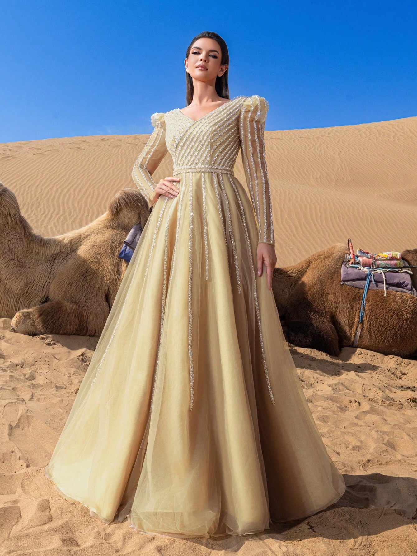 Gorgeous Long Sleeves Surplice Neck Lace Up Backless Beaded Formal Dresses & Evening Gowns