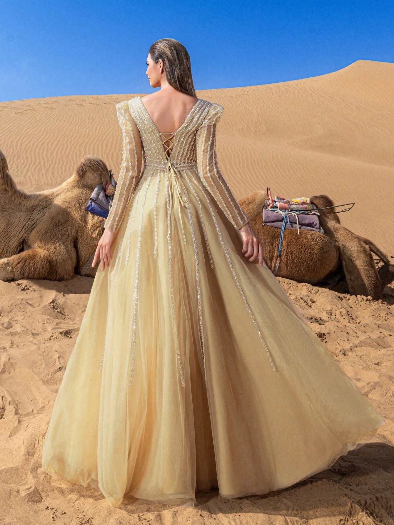 Gorgeous Long Sleeves Surplice Neck Lace Up Backless Beaded Formal Dresses & Evening Gowns
