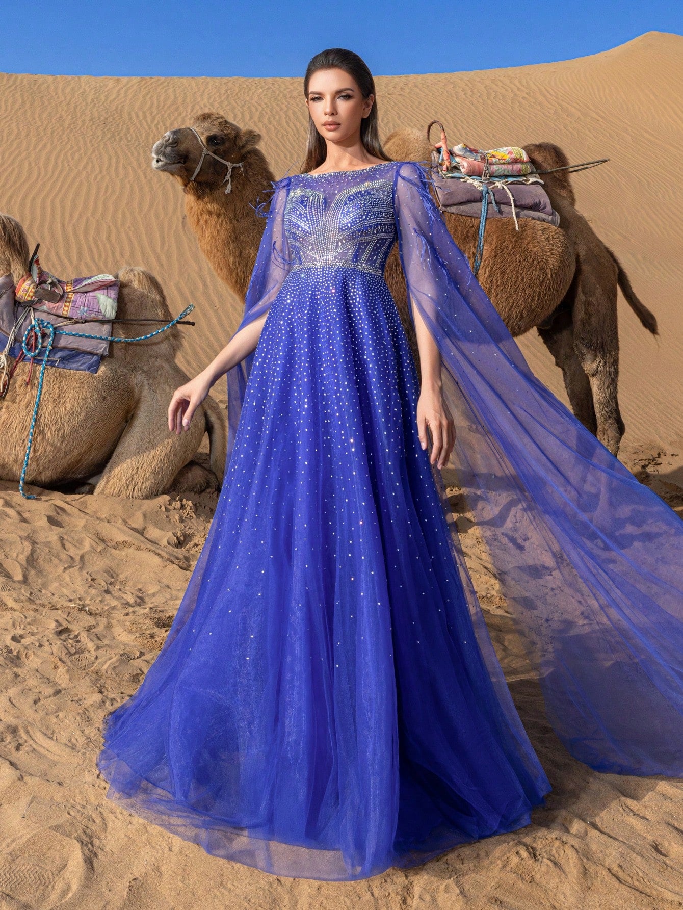 Gorgeous Luxury Extra-long Sleeves Rhinestone Detail Mesh Overlay Beaded Gowns Formal Dresses & Evening Gowns