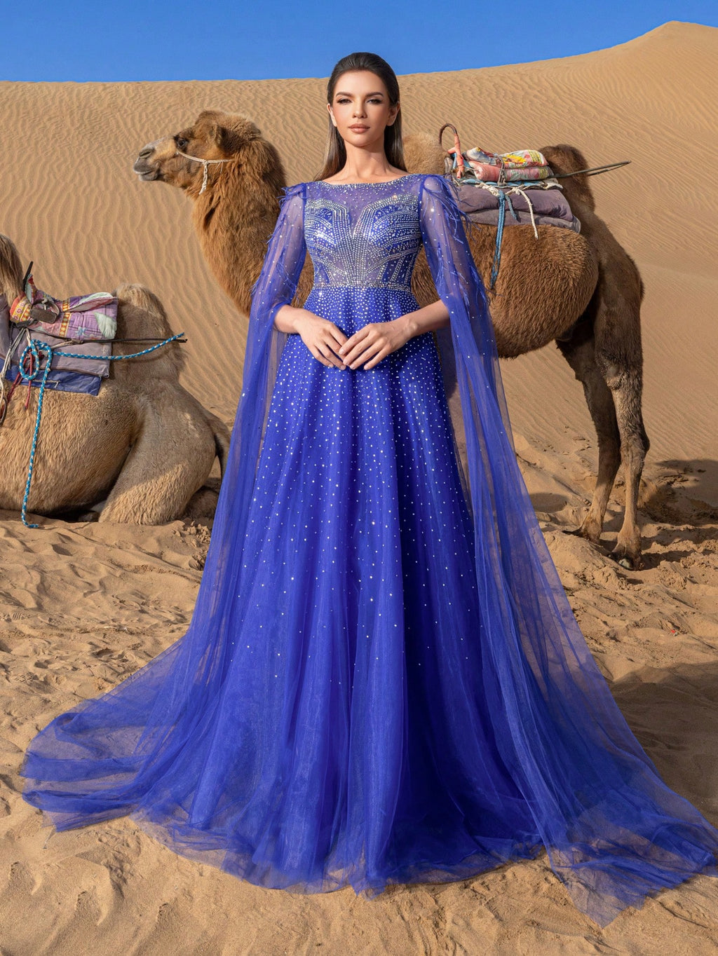 Gorgeous Luxury Extra-long Sleeves Rhinestone Detail Mesh Overlay Beaded Gowns Formal Dresses & Evening Gowns