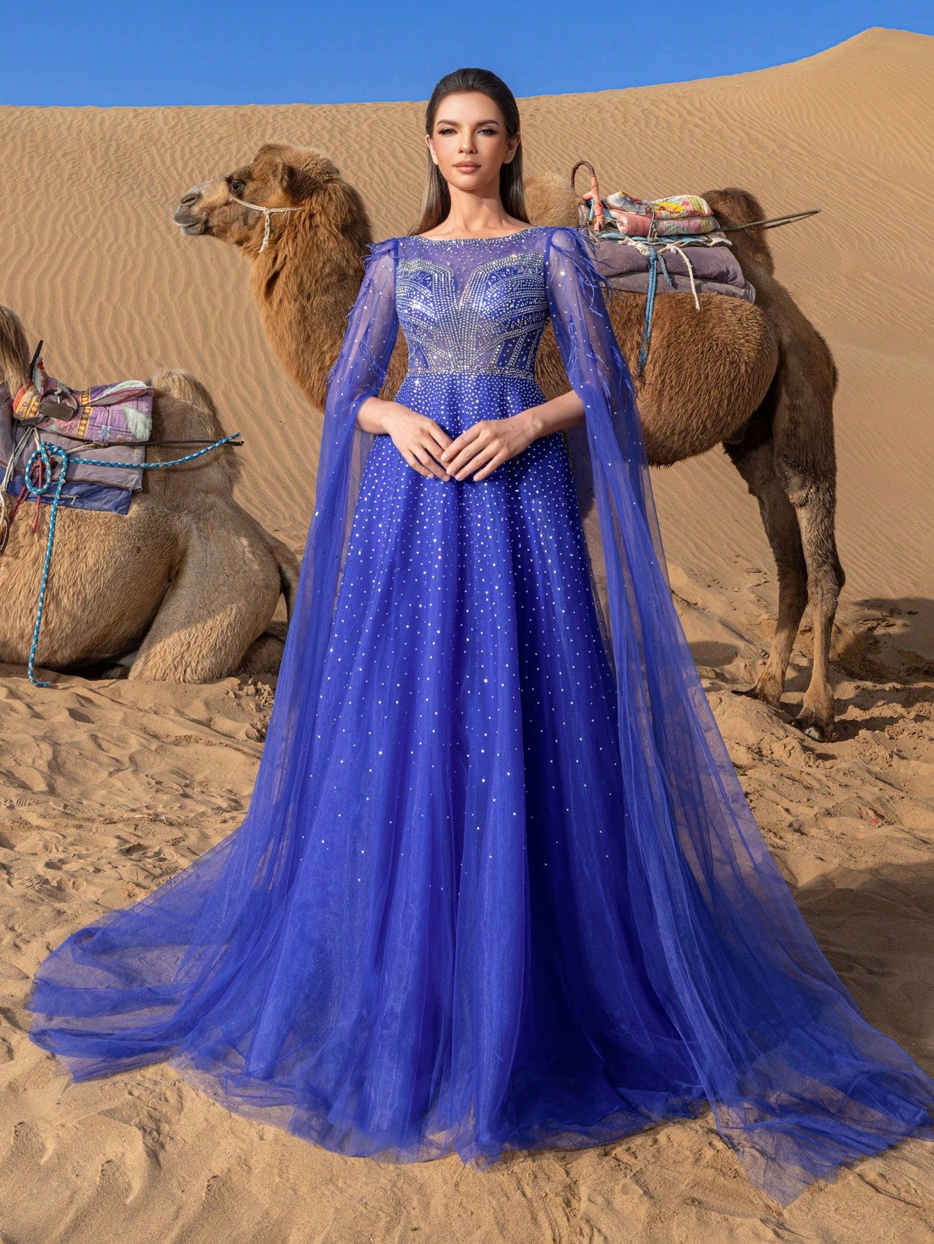 Gorgeous Luxury Extra-long Sleeves Rhinestone Detail Mesh Overlay Beaded Gowns Formal Dresses & Evening Gowns