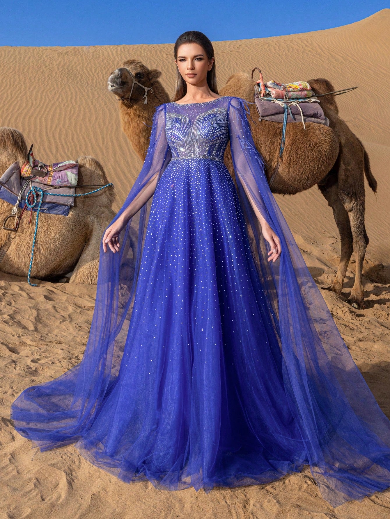 Gorgeous Luxury Extra-long Sleeves Rhinestone Detail Mesh Overlay Beaded Gowns Formal Dresses & Evening Gowns