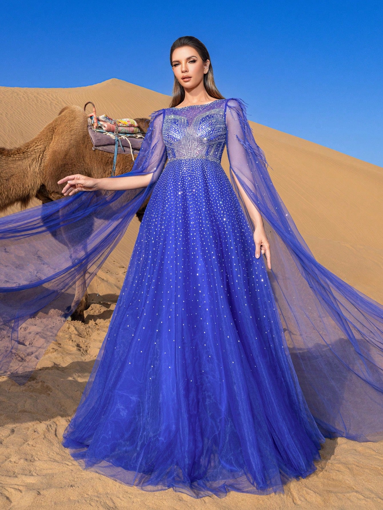 Gorgeous Luxury Extra-long Sleeves Rhinestone Detail Mesh Overlay Beaded Gowns Formal Dresses & Evening Gowns