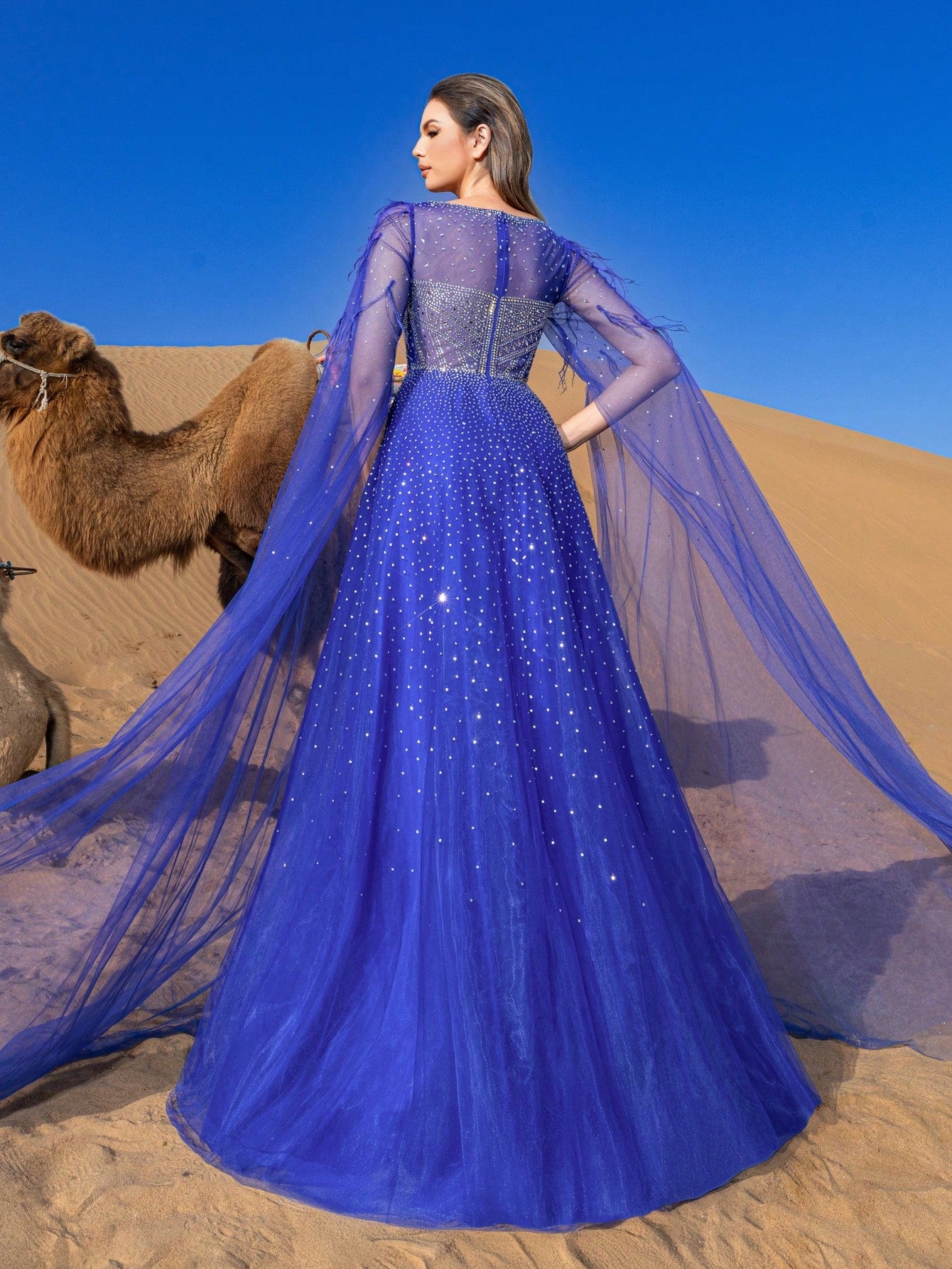 Gorgeous Luxury Extra-long Sleeves Rhinestone Detail Mesh Overlay Beaded Gowns Formal Dresses & Evening Gowns