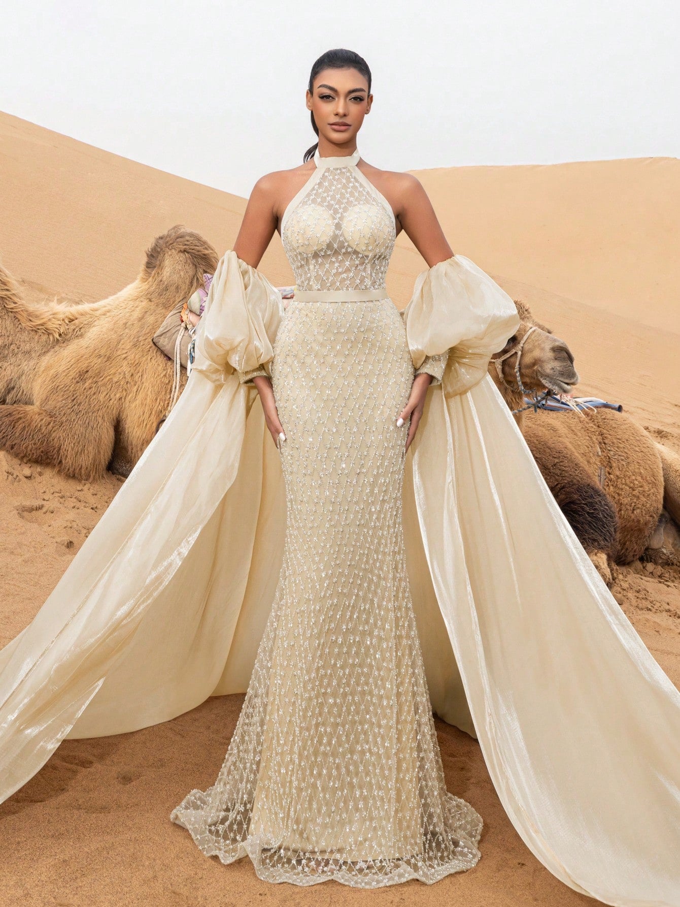 Gorgeous Halter Neck Mermaid Hem Puff Sleeves Cape Beaded Prom Dress & Evening Gowns