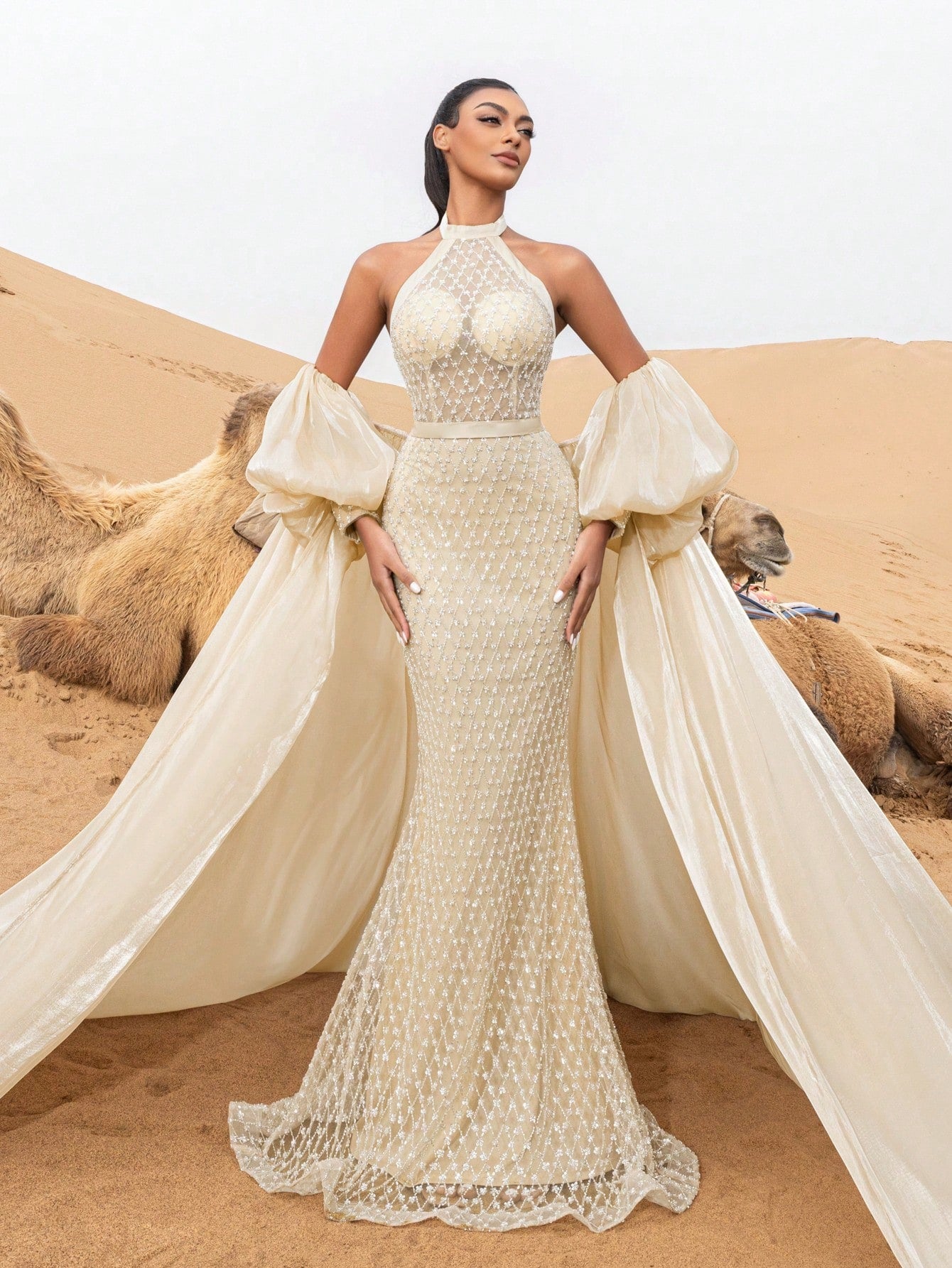 Gorgeous Halter Neck Mermaid Hem Puff Sleeves Cape Beaded Prom Dress & Evening Gowns