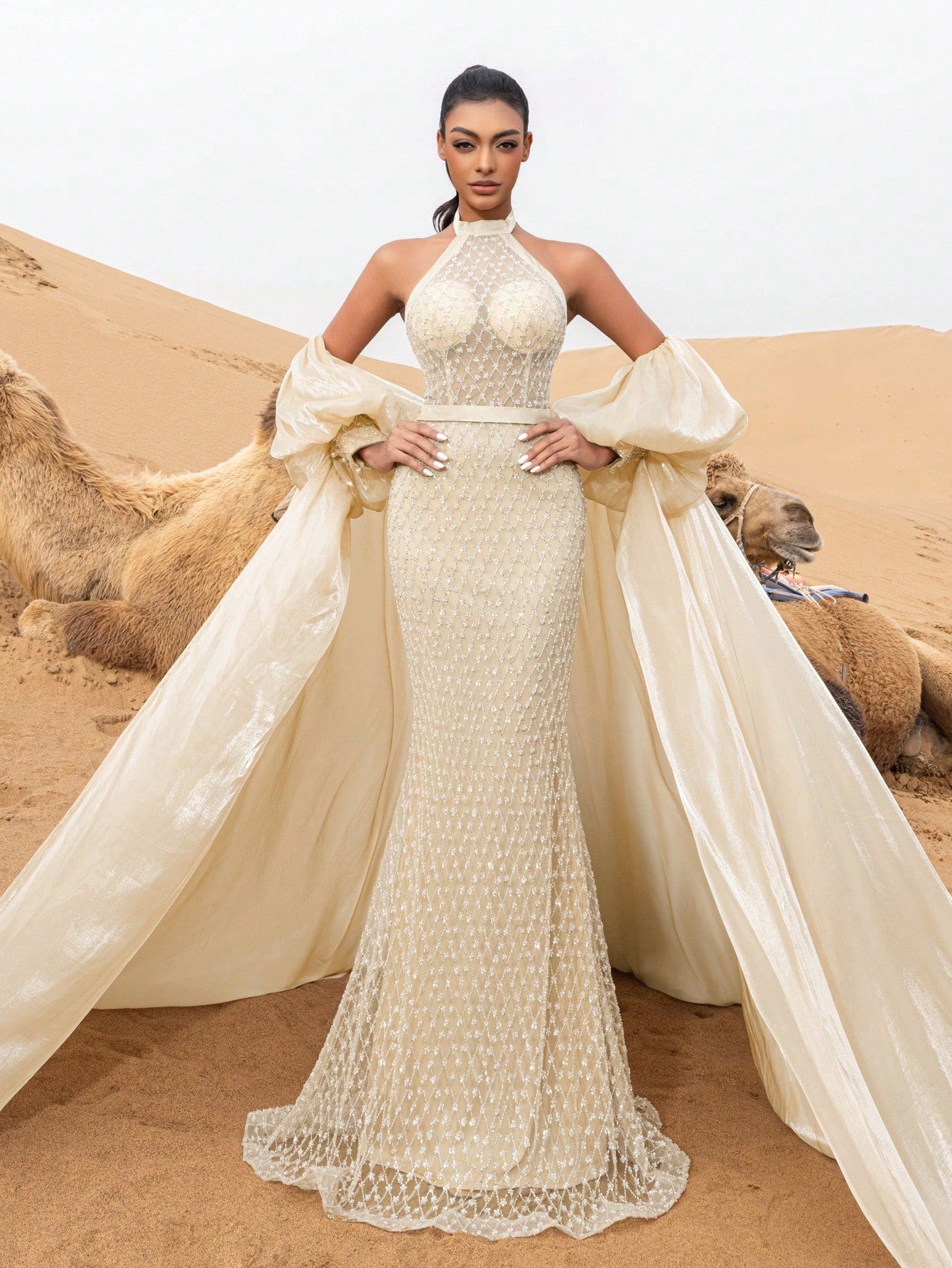 Gorgeous Halter Neck Mermaid Hem Puff Sleeves Cape Beaded Prom Dress & Evening Gowns