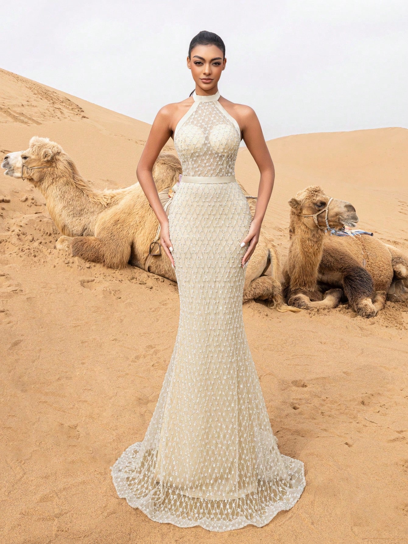 Gorgeous Halter Neck Mermaid Hem Puff Sleeves Cape Beaded Prom Dress & Evening Gowns