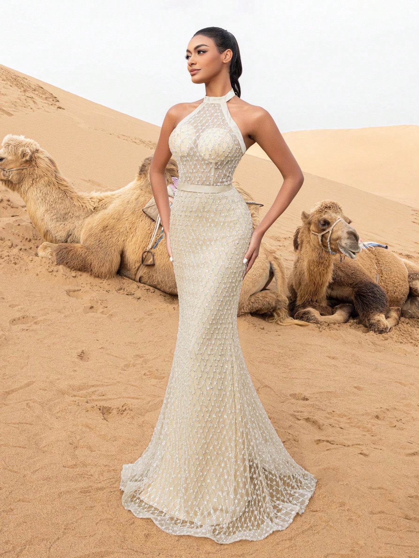 Gorgeous Halter Neck Mermaid Hem Puff Sleeves Cape Beaded Prom Dress & Evening Gowns