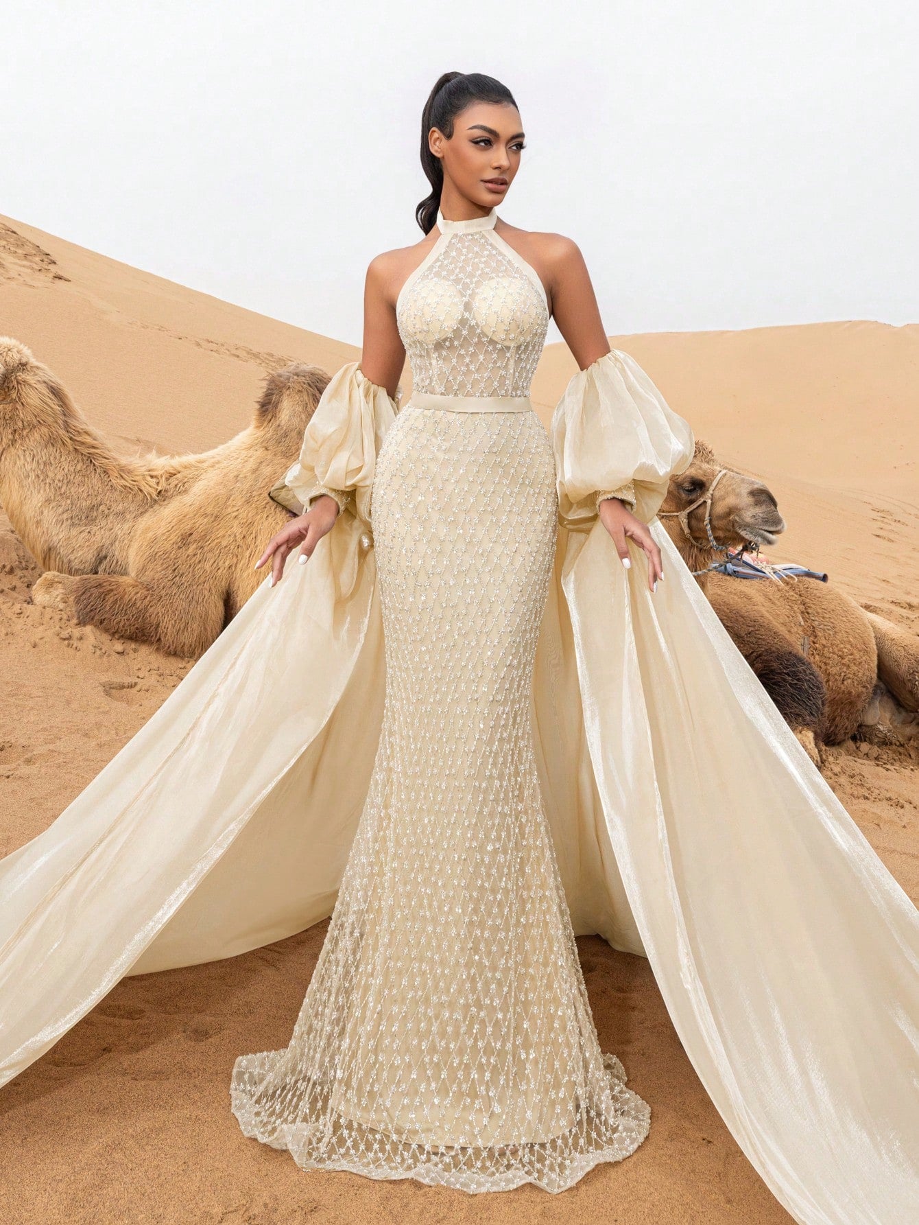 Gorgeous Halter Neck Mermaid Hem Puff Sleeves Cape Beaded Prom Dress & Evening Gowns