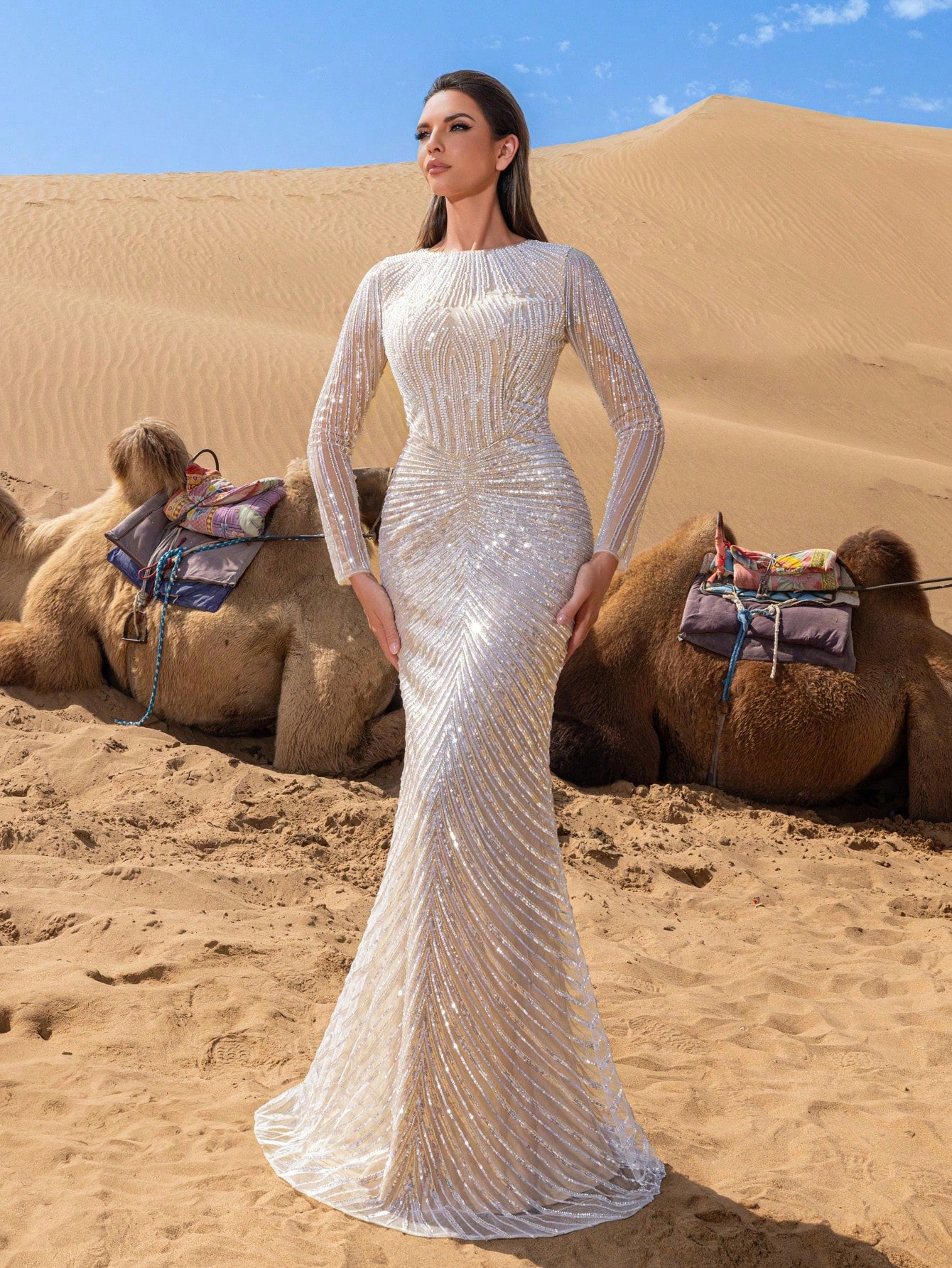 Luxurious Elegant Sequined Evening Gown with Striking Beaded Details & Contour-Fitting Fish Tail