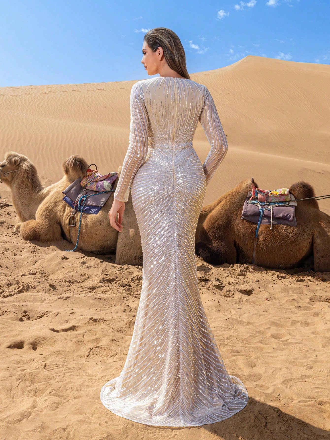 Luxurious Elegant Sequined Evening Gown with Striking Beaded Details & Contour-Fitting Fish Tail
