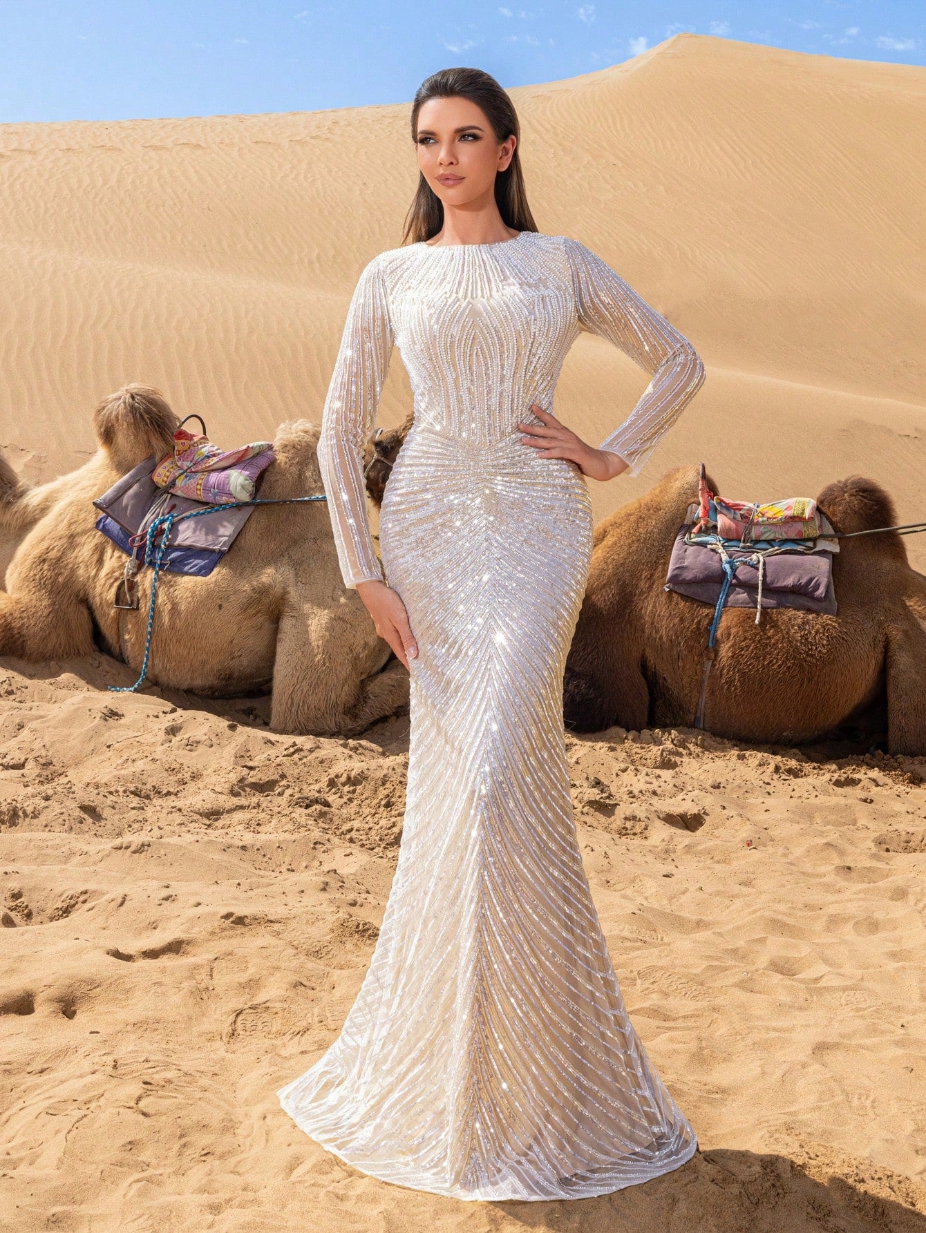 Luxurious Elegant Sequined Evening Gown with Striking Beaded Details & Contour-Fitting Fish Tail