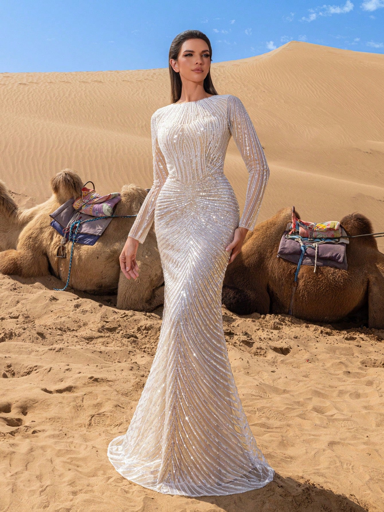 Luxurious Elegant Sequined Evening Gown with Striking Beaded Details & Contour-Fitting Fish Tail